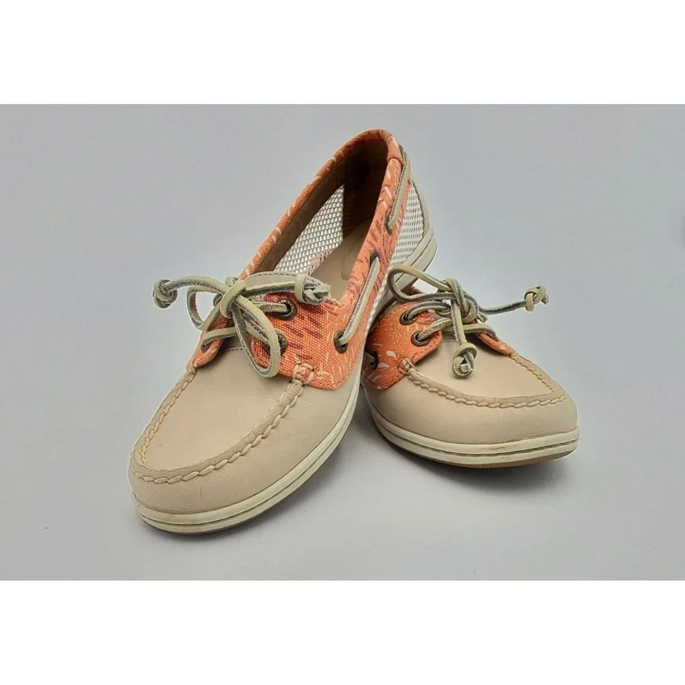 Sperry Women's 8M Top‑Sider Boat Shoes Beige Leather Orange Pattern Mesh Casual